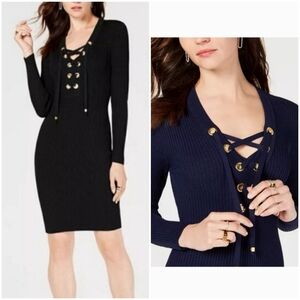 MICHAEL Michael Kors Lace Up Ribbed Grommet Sweater Dress Long Sleeve Black S